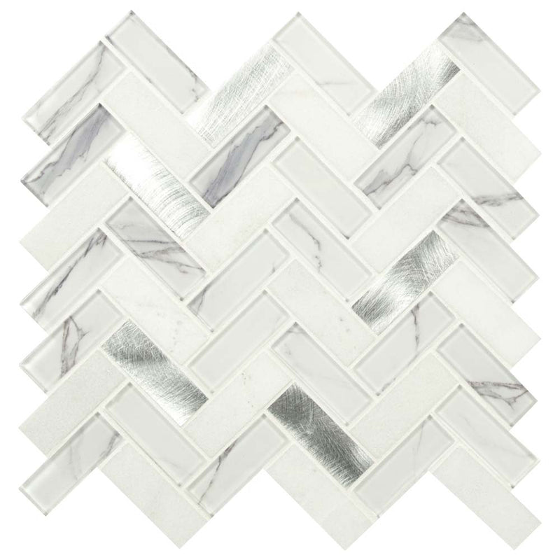 Bytle bianco herringbone 12 x 12 glass metal stone mesh mounted mosaic tile pattern SMOT-SGLSMT-BYTBIA6MM product shot one tile top view