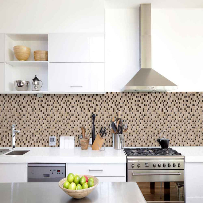 Cafe Noce Glass Stone Blend 0.625x0.625x8mm Mosaic MSI Collection THDW3-SH-CN-8MM product shot kitchen view