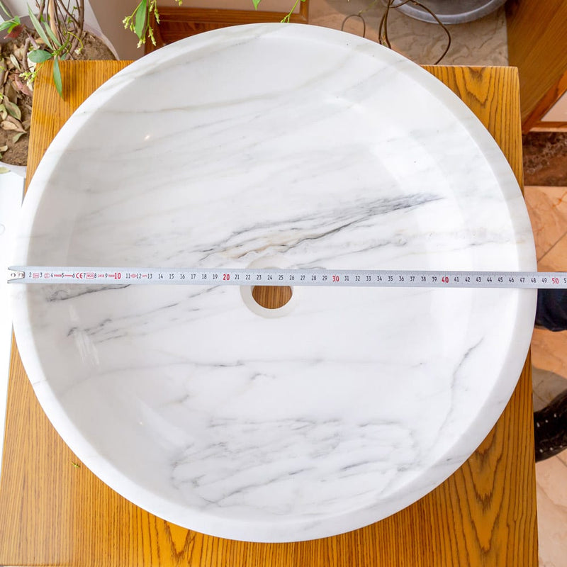 calacatta white marble vessel sink NTRVS10 D19 H6 drail hole mesure view