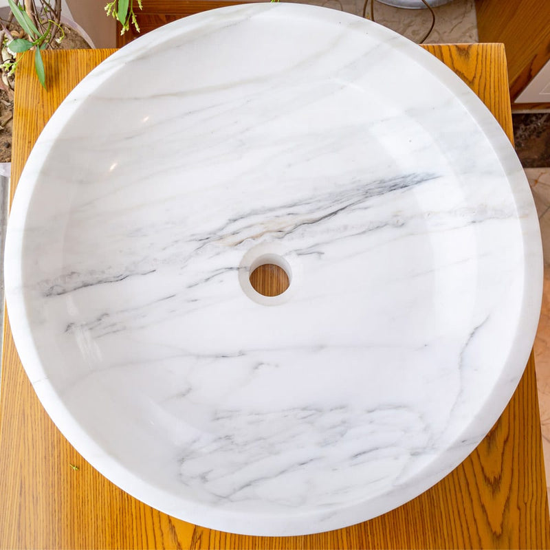 calacatta white marble vessel sink NTRVS10 D19 H6 top view