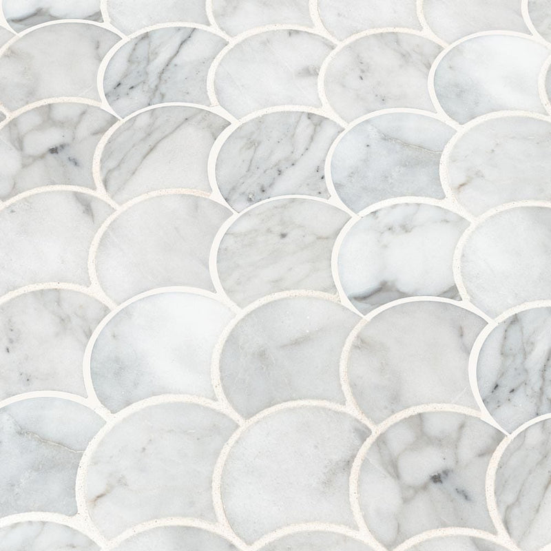 Calacatta blanco scallop 12.8X10.43 polished marble mesh mounted mosaic tile SMOT-CALBLA-SCALOP10MM product shot multiple tiles angle view