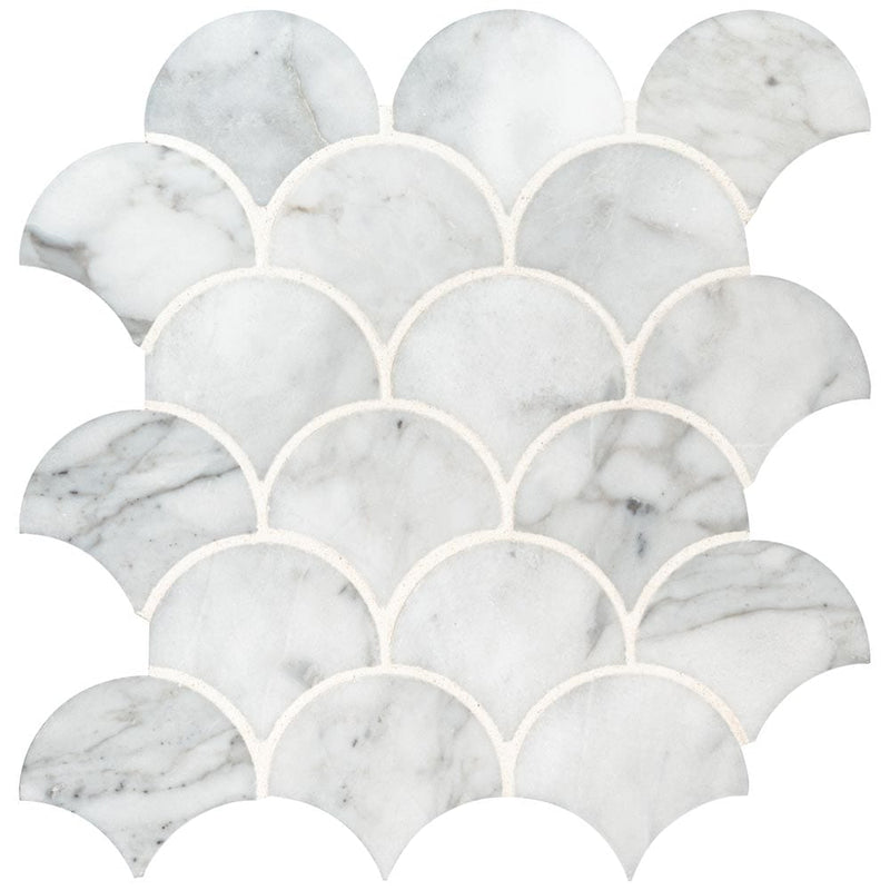 Calacatta blanco scallop 12.8X10.43 polished marble mesh mounted mosaic tile SMOT-CALBLA-SCALOP10MM product shot multiple tiles close up view