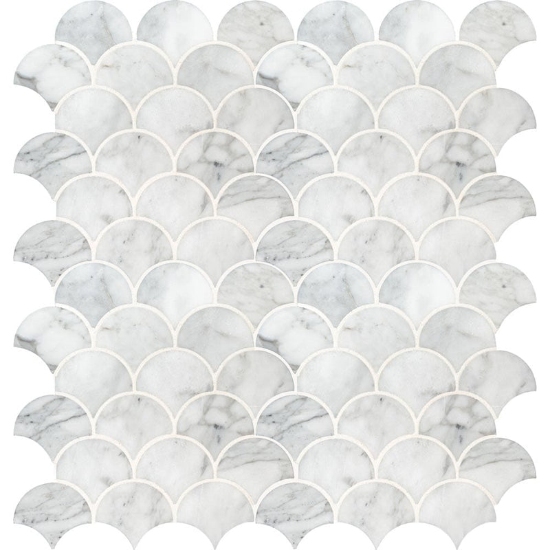 Calacatta blanco scallop 12.8X10.43 polished marble mesh mounted mosaic tile SMOT-CALBLA-SCALOP10MM product shot multiple tiles top view