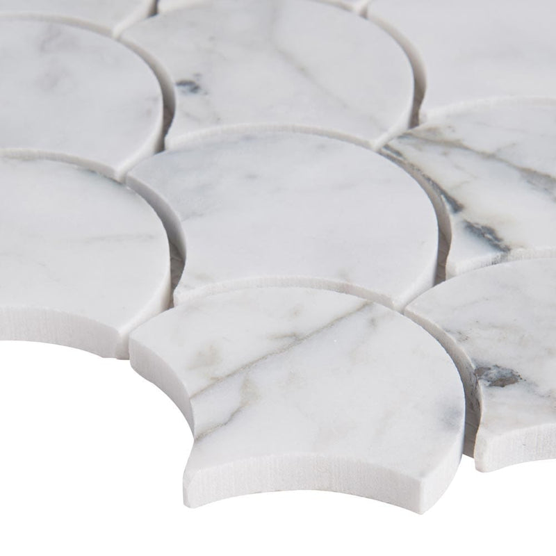 Calacatta blanco scallop 12.8X10.43 polished marble mesh mounted mosaic tile SMOT-CALBLA-SCALOP10MM product shot profile view