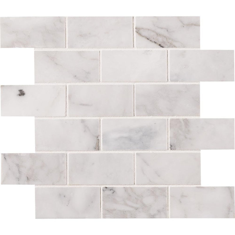 Calacatta cressa 11.81X11.81 honed marble mesh mounted mosaic tile SMOT-CALCRE-2X4H product shot multiple tiles close up view