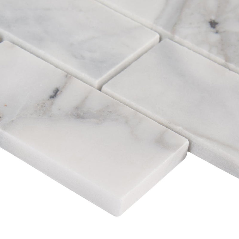 Calacatta cressa 11.81X11.81 honed marble mesh mounted mosaic tile SMOT-CALCRE-2X4H product shot profile view
