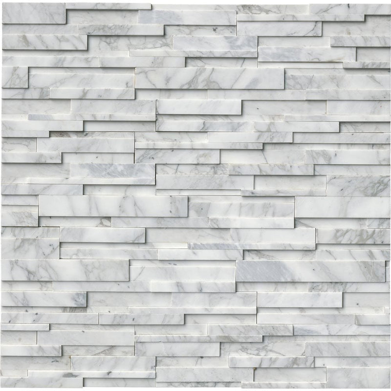 Calacatta cressa 3D ledger corner 6X18 honed marble wall tile LPNLMCALCRE618COR 3DH product shot multiple tiles angle view