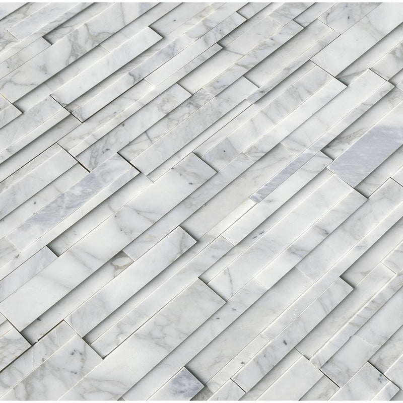 Calacatta cressa 3D ledger panel 6X24 honed marble wall tile LPNLMCALCRE624 3DH product shot multiple tiles angle view