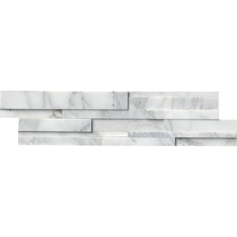 Calacatta cressa 3D ledger panel 6X24 honed marble wall tile LPNLMCALCRE624 3DH product shot multiple tiles close up view