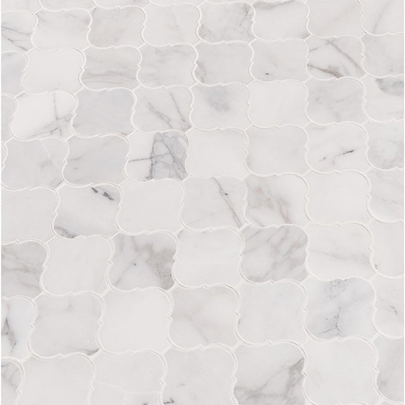 Calacatta cressa arabesque 12X12 honed marble mesh mounted mosaic tile SMOT-CALCRE-ARABESQ product shot multiple tiles angle view