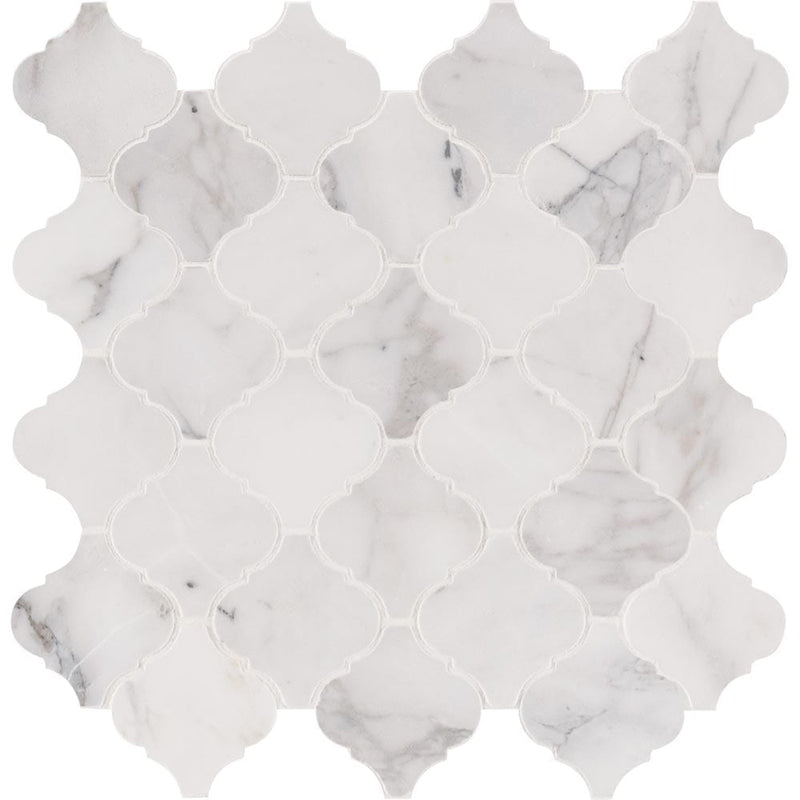 Calacatta cressa arabesque 12X12 honed marble mesh mounted mosaic tile SMOT-CALCRE-ARABESQ product shot multiple tiles close up view