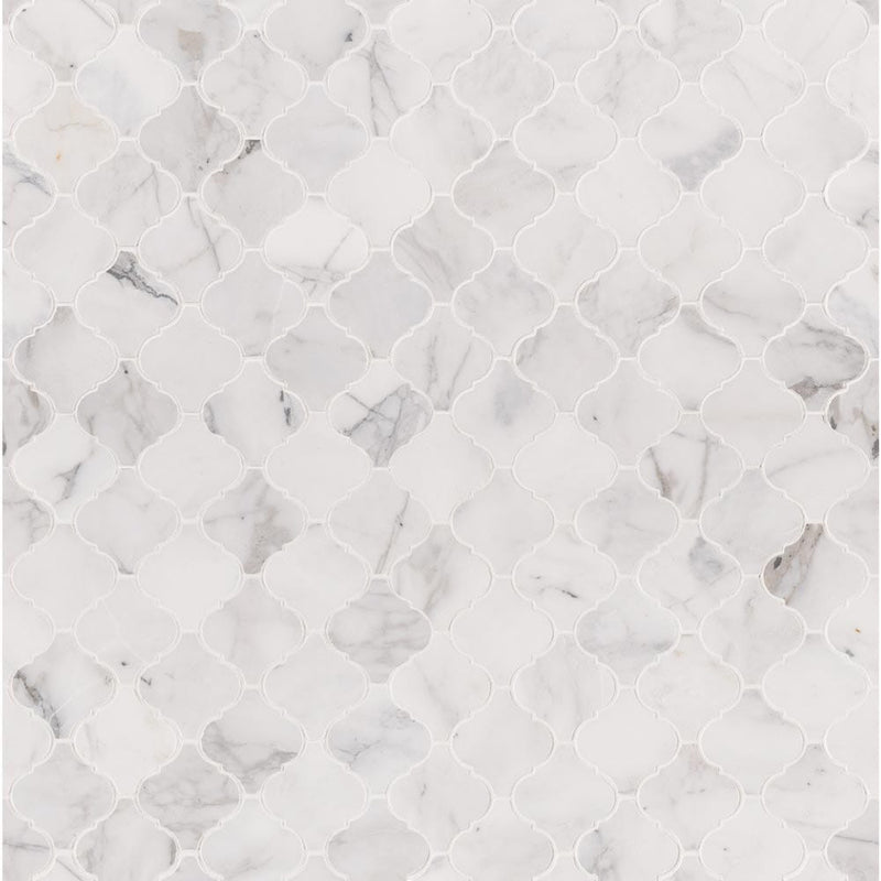 Calacatta cressa arabesque 12X12 honed marble mesh mounted mosaic tile SMOT-CALCRE-ARABESQ product shot multiple tiles top view