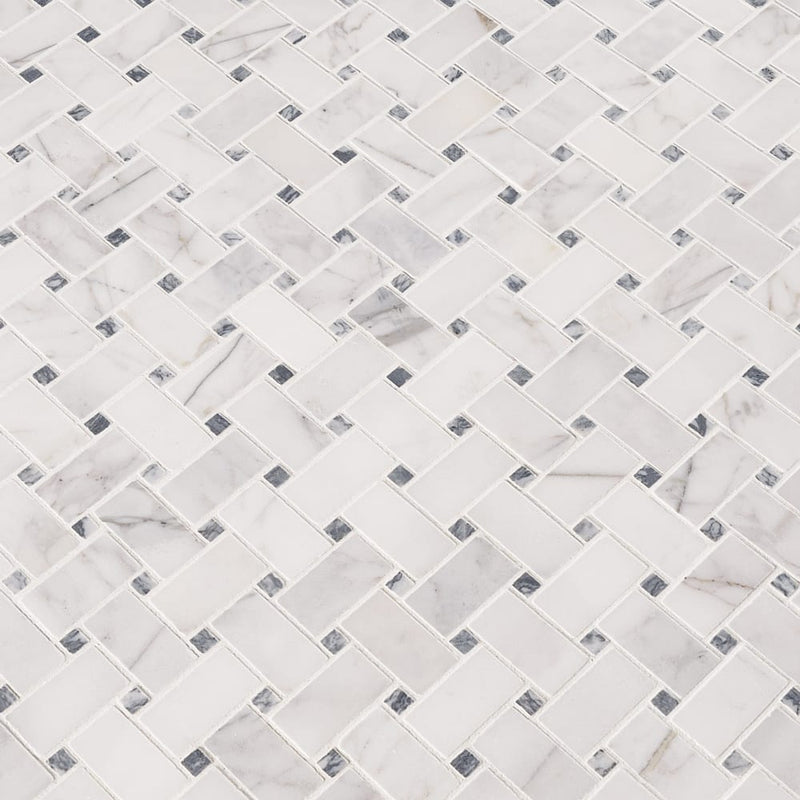 Calacatta cressa basket weave 12X12 honed marble mesh-mounted mosaic tile SMOT-CALCRE-BWH product shot angle view