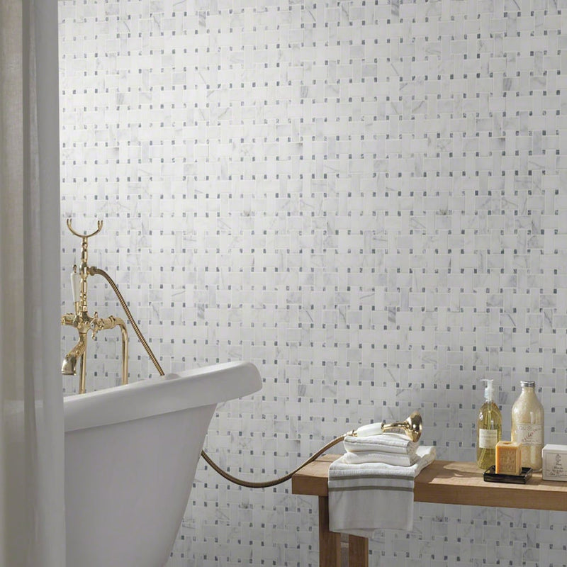 Calacatta cressa basket weave 12X12 honed marble mesh-mounted mosaic tile SMOT-CALCRE-BWH product shot bathroom wall view