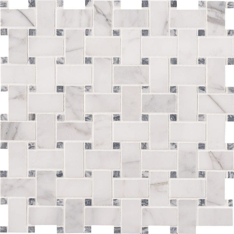 Calacatta cressa basket weave 12X12 honed marble mesh-mounted mosaic tile SMOT-CALCRE-BWH product shot multiple tile top wall view