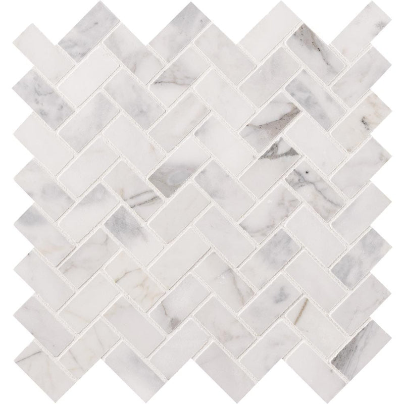 Calacatta cressa herringbone 12X12 honed marble mesh mounted mosaic tile SMOT-CALCRE-HBH product shot multiple tiles close up view