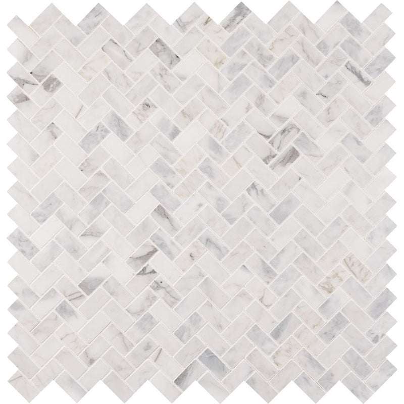 Calacatta cressa herringbone 12X12 honed marble mesh mounted mosaic tile SMOT-CALCRE-HBH product shot multiple tiles top view