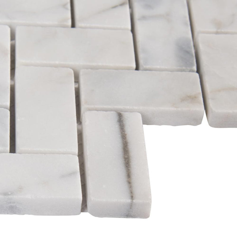 Calacatta cressa herringbone 12X12 honed marble mesh mounted mosaic tile SMOT-CALCRE-HBH product shot profile view