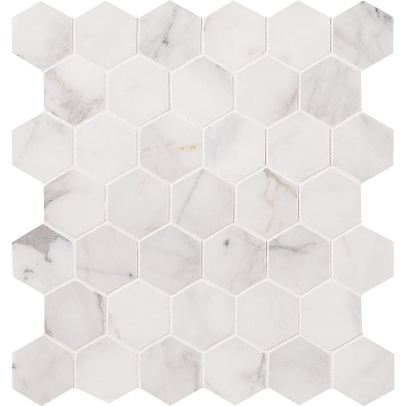 Calacatta cressa hexagon 11.75X12 honed marble mesh mounted mosaic tile SMOT-CALCRE-2HEXH product shot multiple tiles close up view