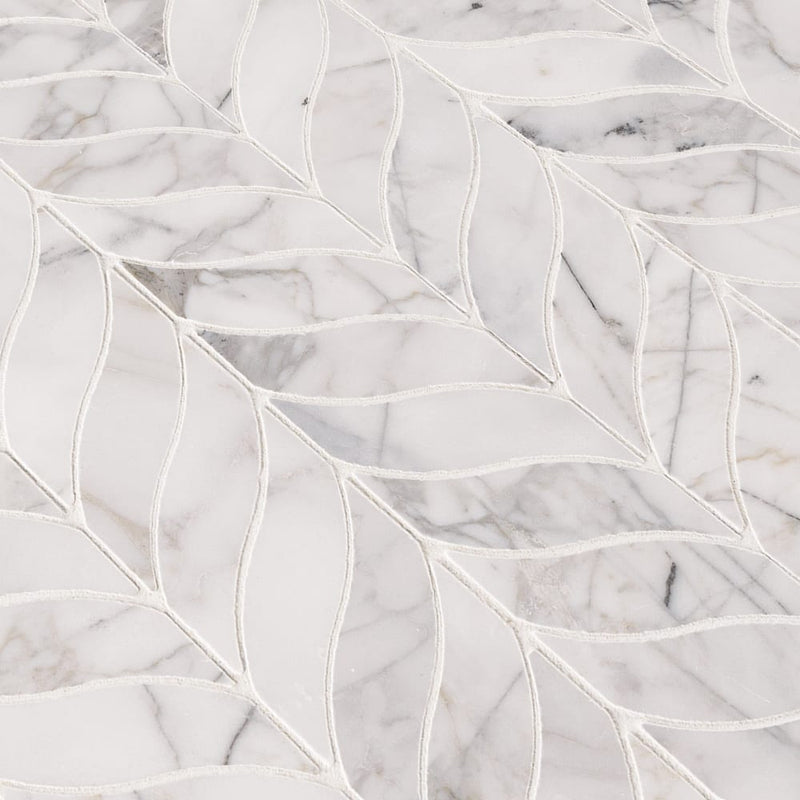 Calacatta cressa leaf 12X12 honed marble mesh-mounted mosaic tile SMOT-CALCRE-LEAFH product shot angle view