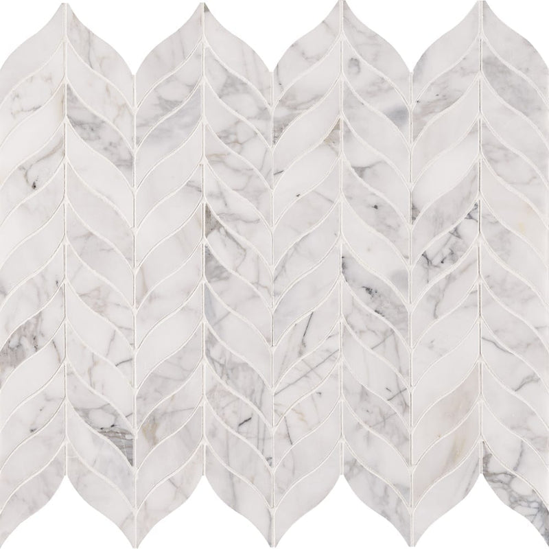 Calacatta cressa leaf 12X12 honed marble mesh-mounted mosaic tile SMOT-CALCRE-LEAFH product shot one tile closeup top view