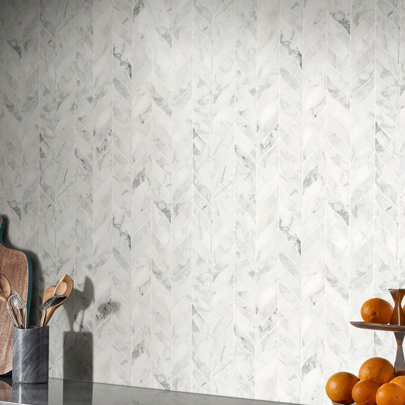 Calacatta cressa leaf 12X12 honed marble mesh-mounted mosaic tile SMOT-CALCRE-LEAFH product shot room view