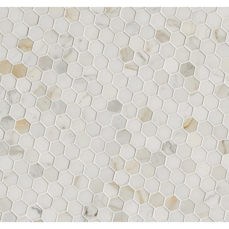 Calacatta gold hexagon 12X12 polished marble mesh mounted mosaic tile SMOT-CALAGOLD-1HEX product shot multiple tiles angle view