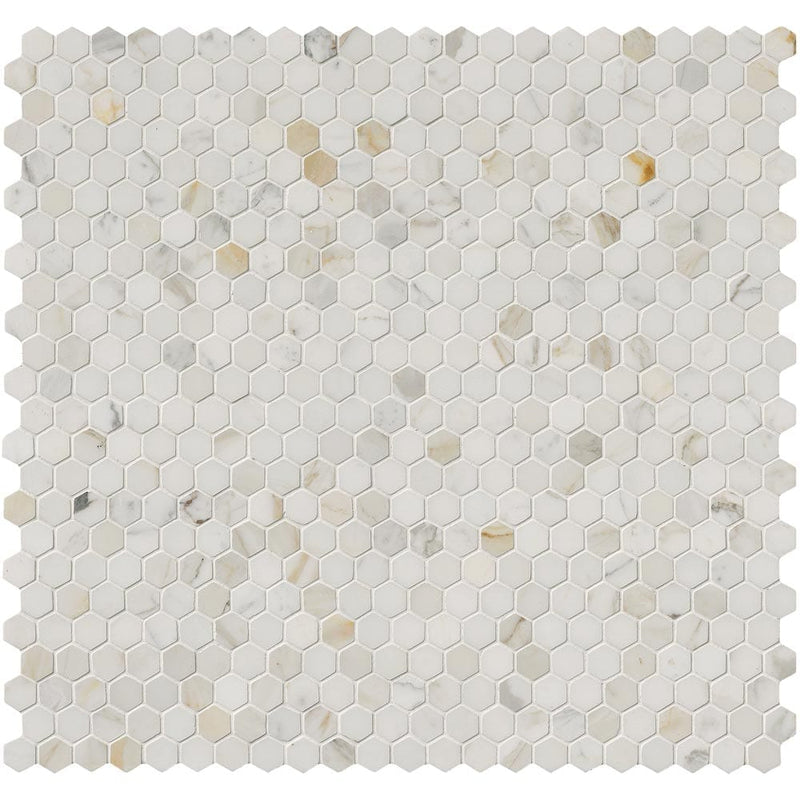 Calacatta gold hexagon 12X12 polished marble mesh mounted mosaic tile SMOT-CALAGOLD-1HEX product shot multiple tiles top view
