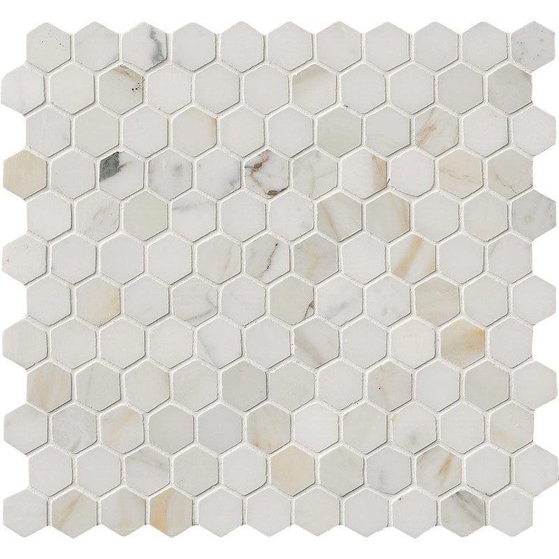 Calacatta gold hexagon 12X12 polished marble mesh mounted mosaic tile SMOT-CALAGOLD-1HEX product shot multiple tiles close up view