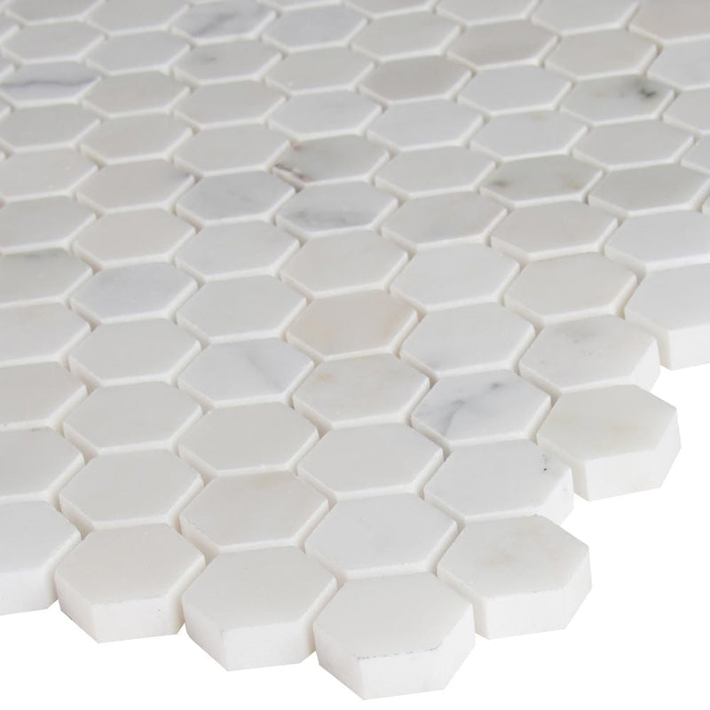 Calacatta gold hexagon 12X12 polished marble mesh mounted mosaic tile SMOT-CALAGOLD-1HEX product shot profile view