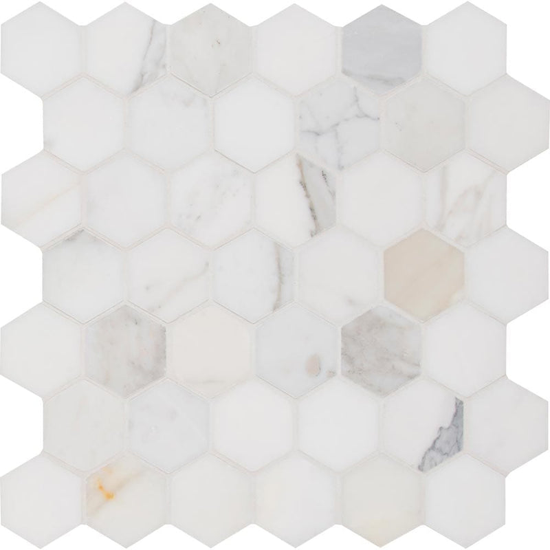 Calacatta gold hexagon 12X12 polished marble mesh mounted mosaic tile SMOT-CALAGOLD-2HEX product shot multiple tiles close up view