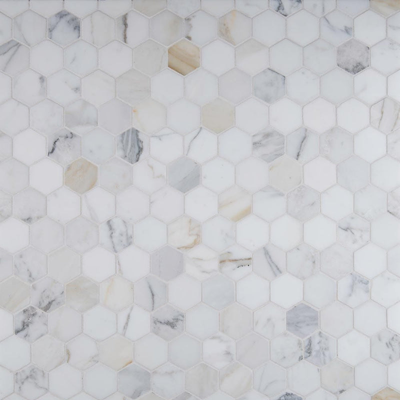 Calacatta gold hexagon 12X12 polished marble mesh mounted mosaic tile SMOT-CALAGOLD-2HEX product shot multiple tiles top view