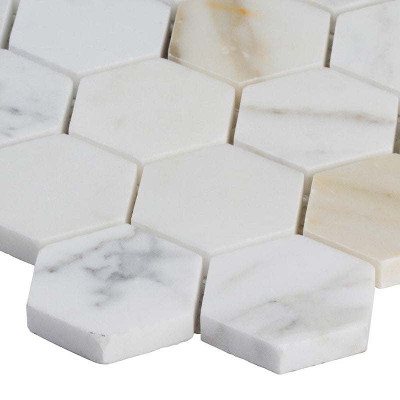 Calacatta gold hexagon 12X12 polished marble mesh mounted mosaic tile SMOT-CALAGOLD-2HEX product shot profile view