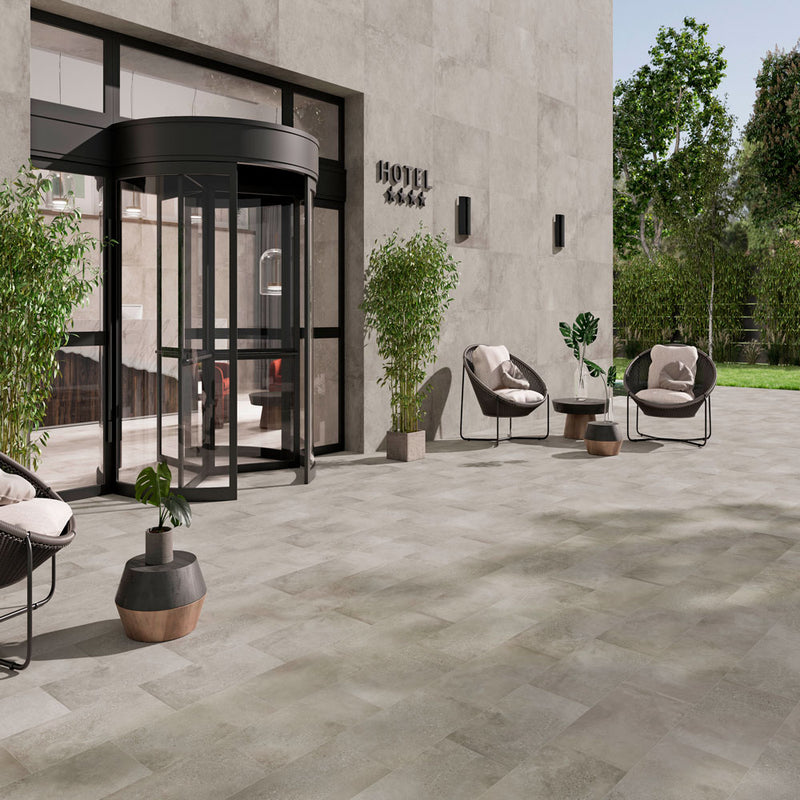 Calypso ash 12x24 matte  porcelain floor and wall tile  msi collection NCALASH1224 room shot outdoor view