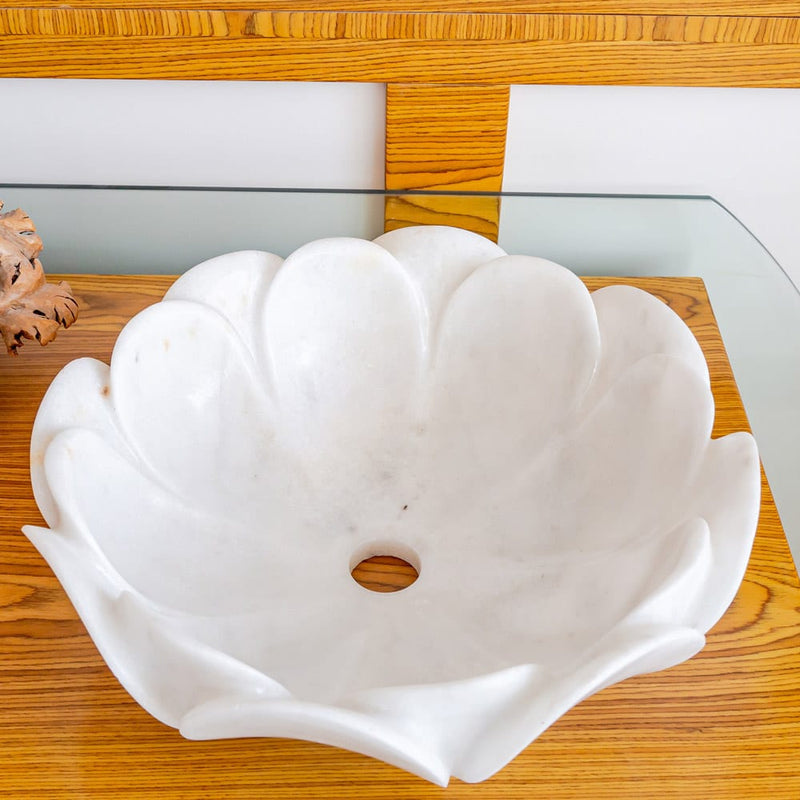 carrara white marble stone vessel flower shape sink NTRVS18 D17 H6 angle view2