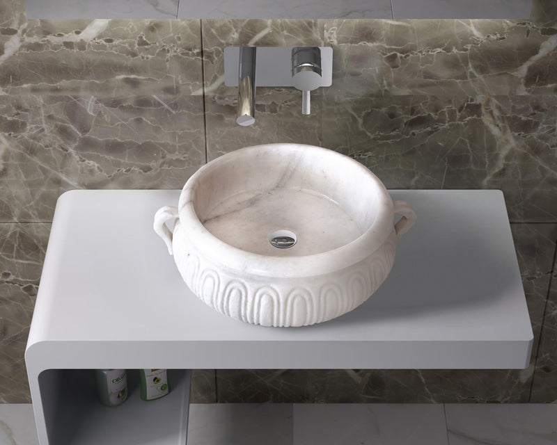 Calacatta White Marble Vessel Saucepan Shape Above Vanity Bathroom Sink (D)17" (H)6"