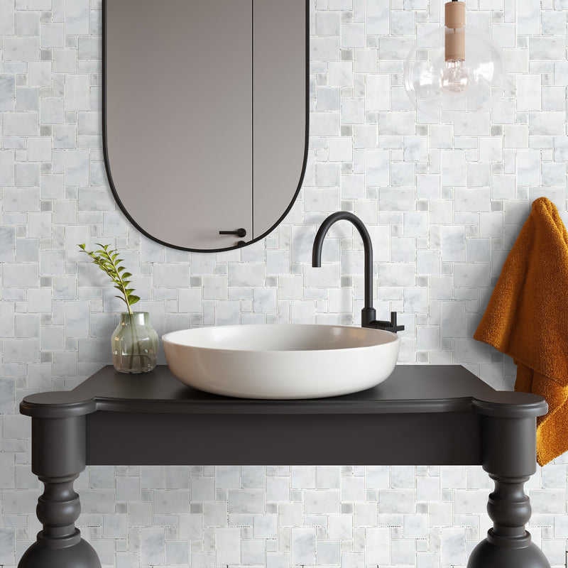 Carrara White Mini Versailles Pattern Mosaic Floor Wall Tile DM-0160-0201 installed bathroom wall white grouted