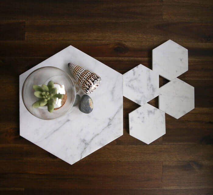 Carrara White genuine marble hexagon coasters 4x4 polished set of product shot