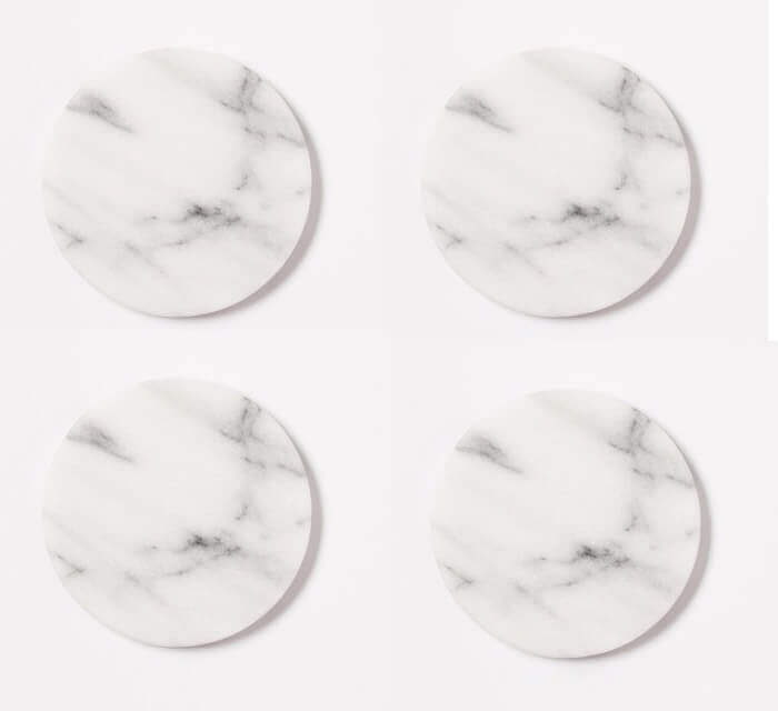 Carrara White genuine marble round coasters 4x4 polished set of product shot