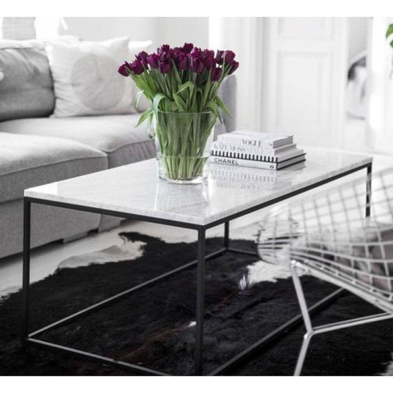 Carrara White marble coffee table 20x40 black paint legs living room
