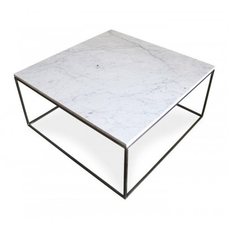 Carrara White marble coffee table 32x32 square black paint legs product shot