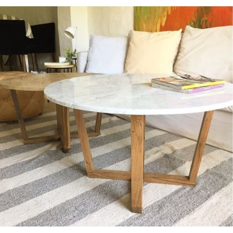 Carrara White marble coffee table D32 H16.5 round wood legs product shot