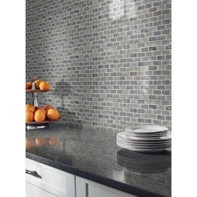 Carrara classique brick 11.81X11.81 marble mesh mounted mosaic tile SMOT-CAR-1X2H product shot kitchen view