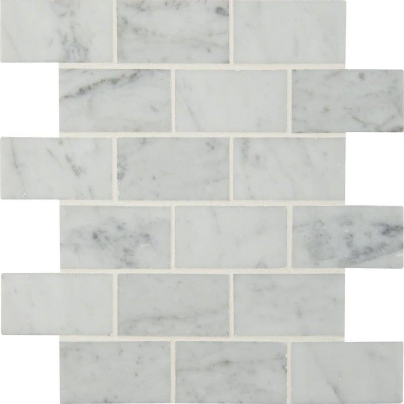 Carrara white 12X12 polished marble mesh mounted mosaic floor and wall tile SMOT-CAR-2X4P product shot multiple tiles close up view