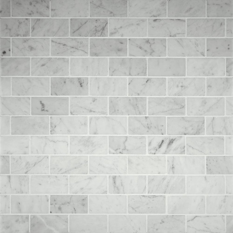 Carrara white 12X12 polished marble mesh mounted mosaic floor and wall tile SMOT-CAR-2X4P product shot multiple tiles top view