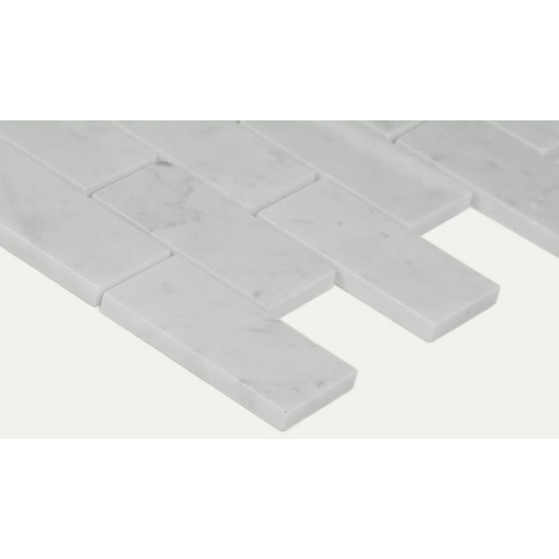 Carrara white 12X12 polished marble mesh mounted mosaic floor and wall tile SMOT-CAR-2X4P product shot profile view