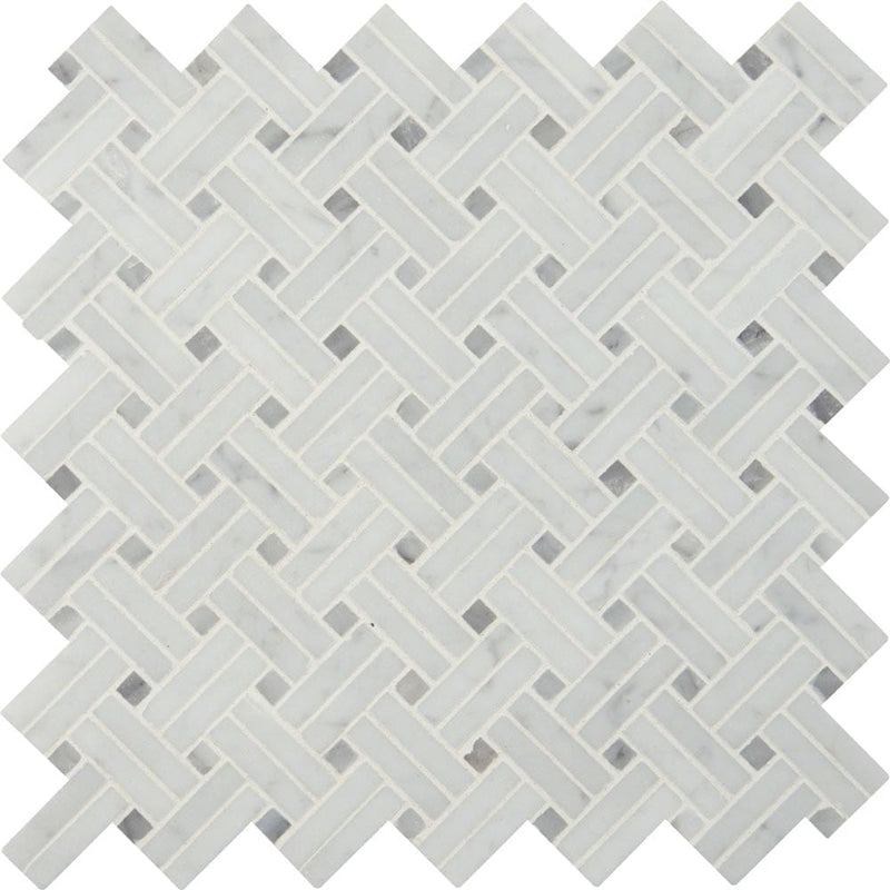Carrara white basket weave 12.2X12.2 polished marble mesh mounted mosaic tile SMOT-CAR-BW2P product shot multiple tiles close up view