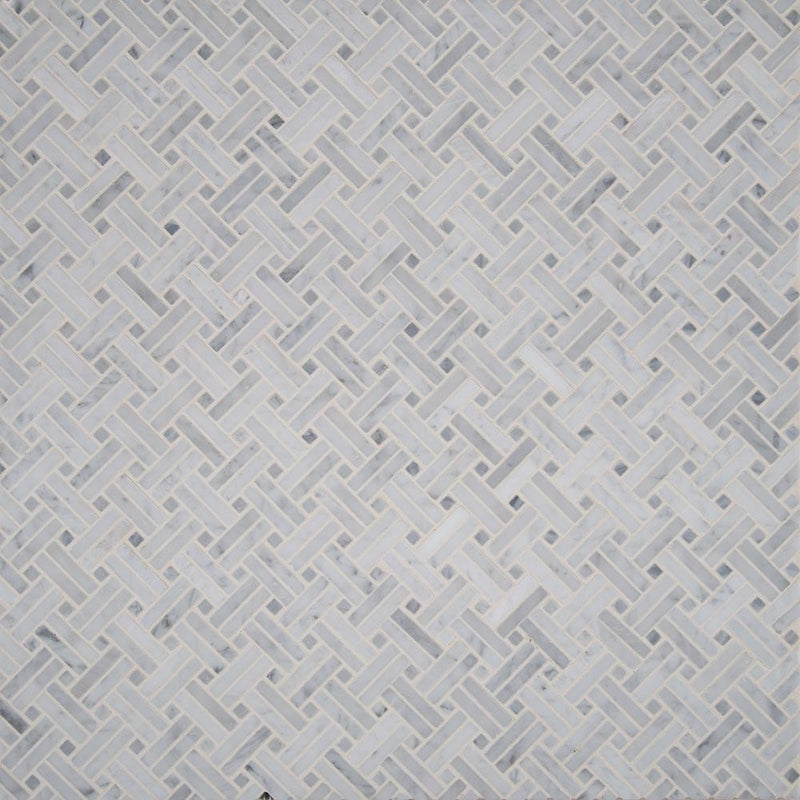 Carrara white basket weave 12.2X12.2 polished marble mesh mounted mosaic tile SMOT-CAR-BW2P product shot multiple tiles top view
