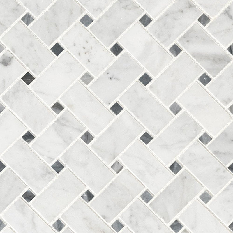 Carrara white basketweave pattern 12X12 honed marble mesh mounted mosaic tile SMOT-CAR-BWH product shot multiple tiles angle view
