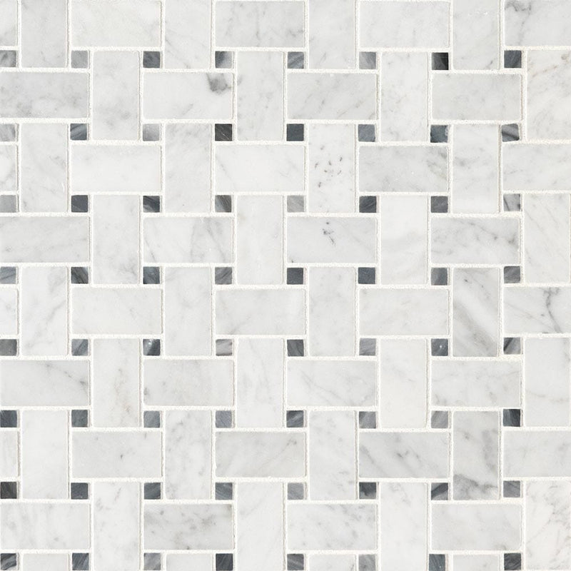 Carrara white basketweave pattern 12X12 honed marble mesh mounted mosaic tile SMOT-CAR-BWH product shot multiple tiles close up view